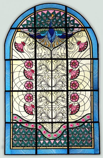 BFC1034 QIH or Regular Stained Glass Peacock w/flowers